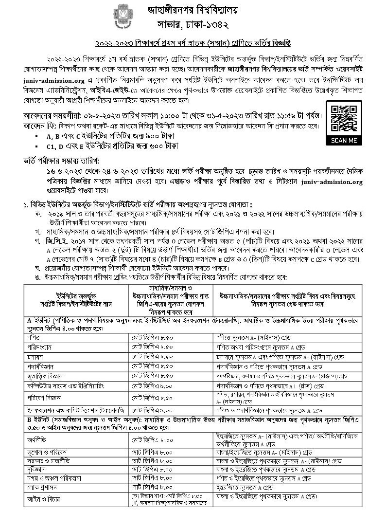 Jahangirnagar University Admission Circular 2023