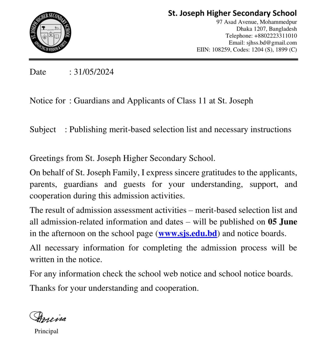 St Joseph College Admission Result 2024 www.sjs.edu.bd