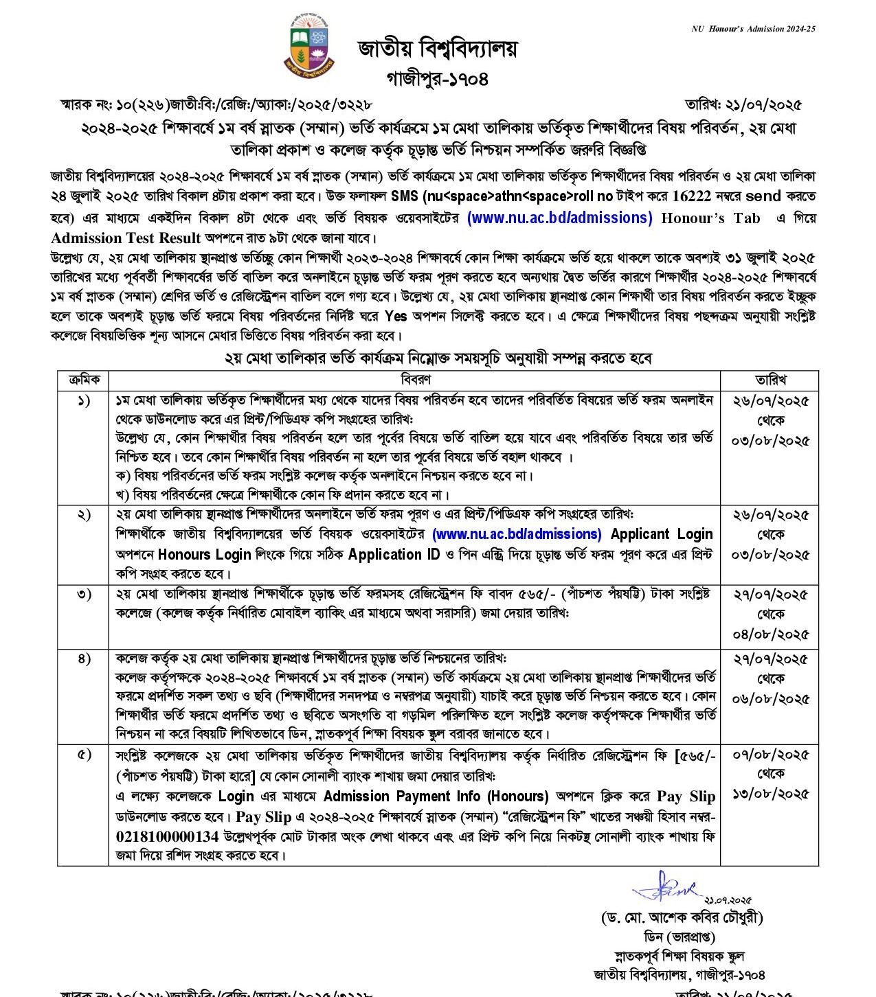 NU Admission Result 2nd Merit List for Honours 2025