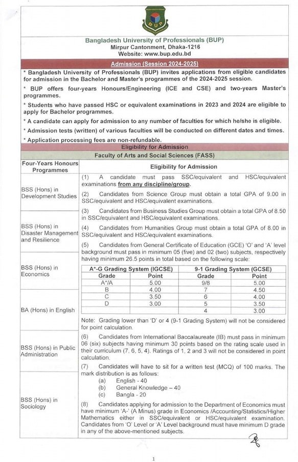 BUP Admission Circular 2025-1