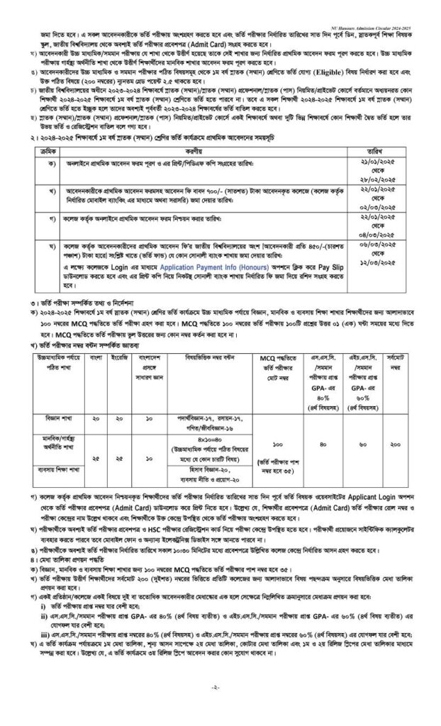 NU Honours Admission Circular 2025-2