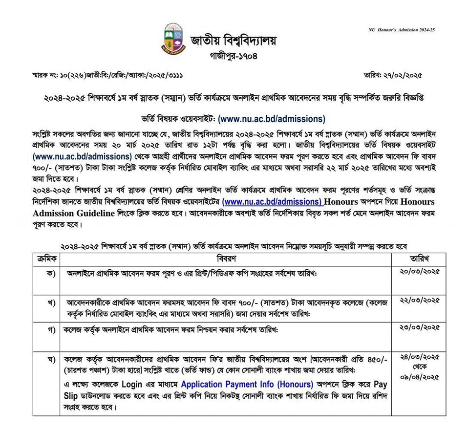 NU Honours Admission Circular 2025